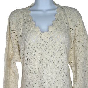 Vintage 80s Open Knit Pullover Sweater Oversized M Ivory Long Sleeve Cotton USA